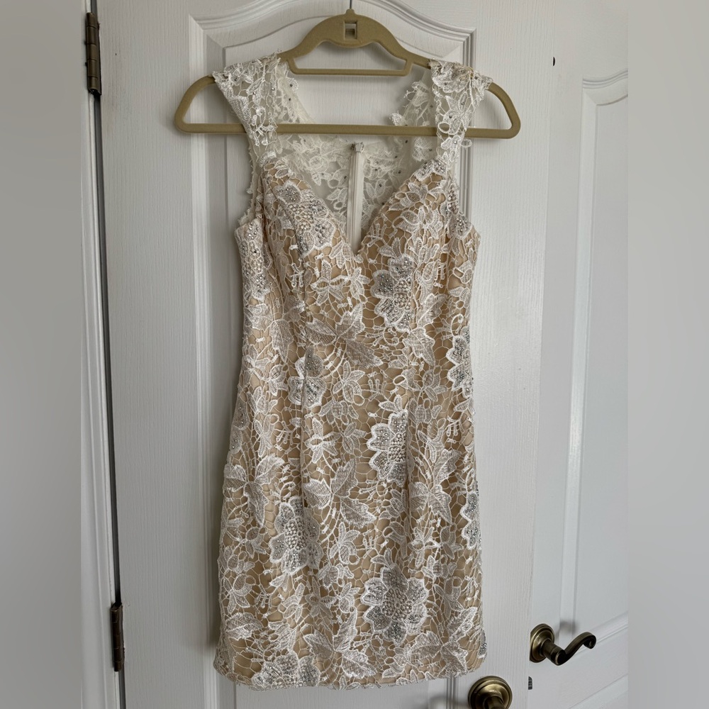 Elegant Lace Overlay Dress in White and Tan